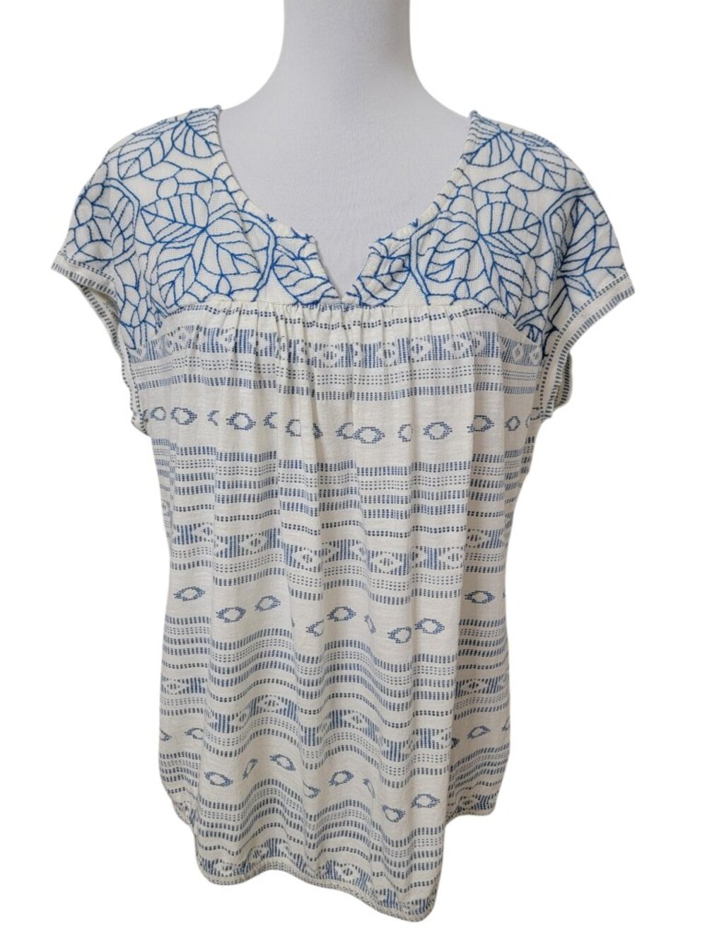 Lucky Brand Size XL White & Blue Embroidered Short Sleeve Boho Peasant Blouse